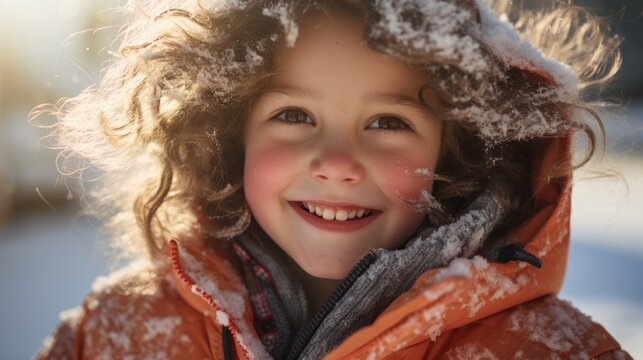A delighted child, kid wrapped in a vibrant winter jacket, playing snow on a sunny winter season day. Winter sun child's rosy cheeks. Magical winter boy portrait. generative ai