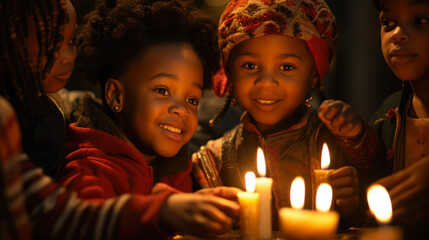 Kwanzaa celebration, community center, kid honor African culture and heritage. Room is adorned with colorful Kwanzaa Kinara decorations, holding candles, takes center stage. generative ai