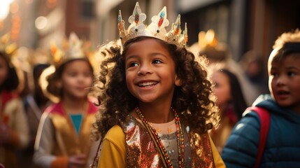 A group of children excitedly follows a colorful Three Kings Day parade through the streets of their town. The parade decorated floats, costumed participants, celebration. generative ai