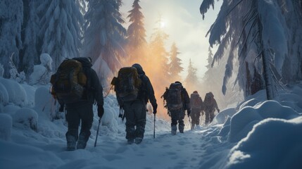 A group of friends on a skiing adventure, carving through fresh powder snow in a dense forest, early morning, soft and warm natural lighting, showcasing the thrill of winter sports.generative ai