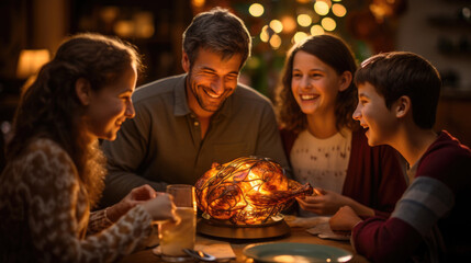 Thanksgiving Day smile happy family gathers around roasted turkey at their dining table. The turkey takes center stage, surrounded by traditional Thanksgiving decorations.  generative ai