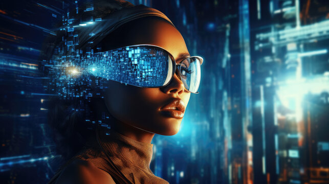 futuristic lady hacker cyberspace cyberpunk technology portrait metaverse  sunglasses - by generative ai