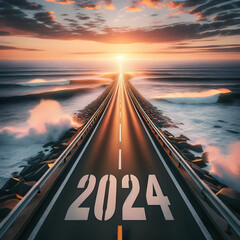 2024 New Year Horizon Over Ocean Highway, Sunset Seascape Road Journey Concept - obrazy, fototapety, plakaty