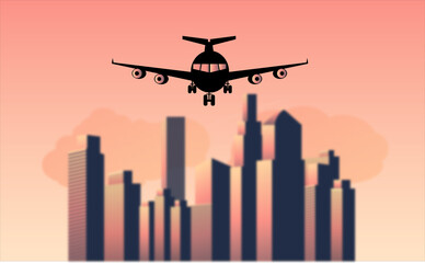 Aero plane flying through Urban city downtown skyline cityscape building with windows background...