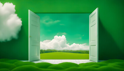 Surreal image of the green door of the room with green walls opening to the clouds, abstract images and white fluffy clouds around it.