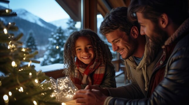 A joyful family of four, surrounded by the warmth of their cozy house, decorates a towering Christmas tree with ornaments and twinkling lights. Gey couple Happy new year. generative ai
