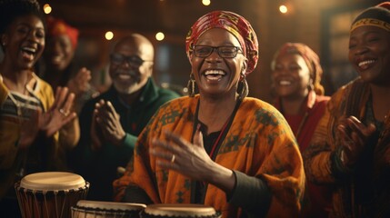 Kwanzaa celebration, community center, families  honor African culture and heritage. Room is adorned with colorful Kwanzaa Kinara decorations, holding candles, takes center stage. generative ai