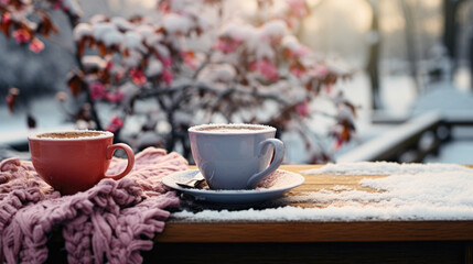 Obraz na płótnie Canvas A pair of colorful mittens, a steaming cup of hot cocoa, and a snow-covered park bench, capturing the essence of winter coziness. Background card. generative ai