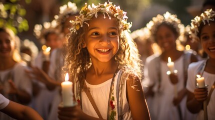 A group of blonde children joyfully sings traditional St. Lucia Day songs while carrying candles and walking through a snow-covered forest. Wonder, smile and reverence for the holiday. generative ai - obrazy, fototapety, plakaty