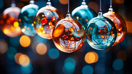 Christmas and New Year background with bokeh lights and Christmas balls. Colorful glass balls hanging in the air on dark background. Abstract background. 3D rendering. Generative AI technology.