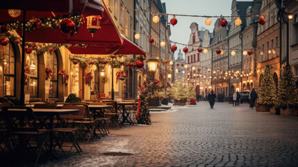 View historic European town square adorned with St. Nicholas Day decorations. The square features a...