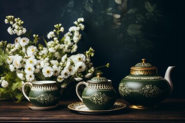 Charming Vintage Tea Party with Elegant Kettle and Delicate Cups in a Cozy Interior Room