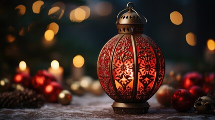 A red St. Nicholas Day lantern, intricately designed with holiday motifs and softly illuminated to symbolize the holiday's cultural traditions magic. generative ai