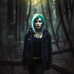 Enigmatic Woman with Turquoise Hair Amidst Misty Woods