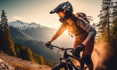 Mountain biking woman riding on bike in summer mountains forest landscape, Generative AI