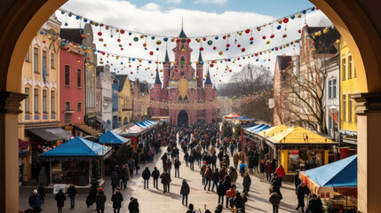 A scenic view of a historic town square where a grand Three Kings Day festival unfolds. The square is filled with vibrant stalls, cultural performances, and a colorful parade.  generative ai