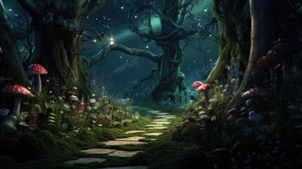 Naklejka premium mysterious forest in the night wonderland fairy tale fantasy enchanted - by generative ai