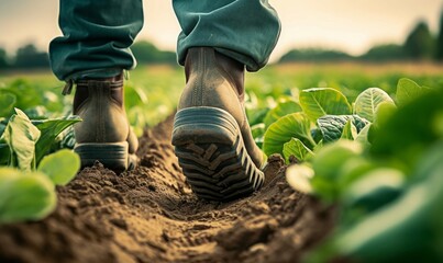 close-up of a farmer's feet in rubber boots walking in field green plants with agricultural vehicle background, Generative AI