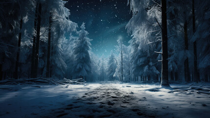 A serene winter wonderland in a forest, freshly fallen snow covering the trees and ground, a soft, ambient glow from the moon and stars, creating a tranquil scene. generative ai - obrazy, fototapety, plakaty