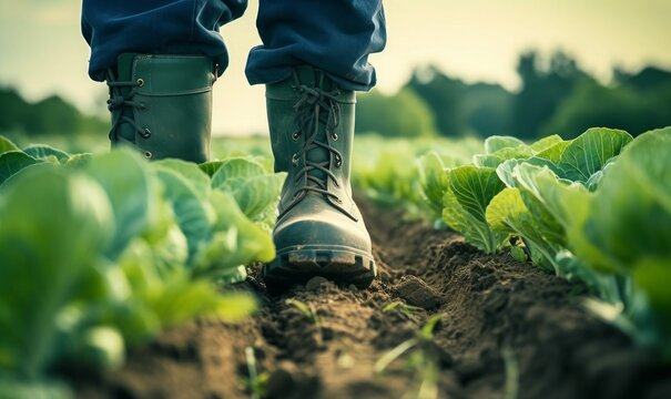 close-up of a farmer's feet in rubber boots walking in field green plants with agricultural vehicle background, Generative AI