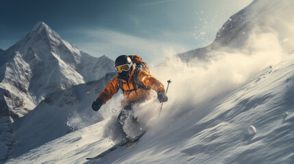 A skilled skier racing down a steep slope, snow spray trailing behind, with a stunning winter mountain backdrop, winter sports. generative ai - obrazy, fototapety, plakaty