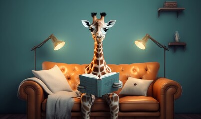 girafe reading book on sofa, learning and knowladge and wisdom concept, Generative AI