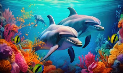 Obraz na płótnie Canvas group of dolphins in colorful underwater, Generative AI