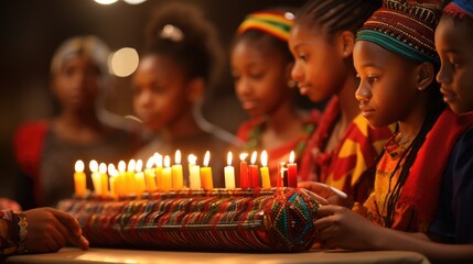 Kwanzaa celebration, community center, kid honor African culture and heritage. Room is adorned with colorful Kwanzaa Kinara decorations, holding candles, takes center stage.  generative ai