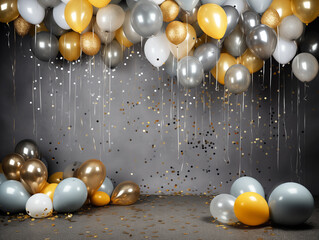 Festive gray background with gold and silver confetti and balls festive background. Celebrations party bithday