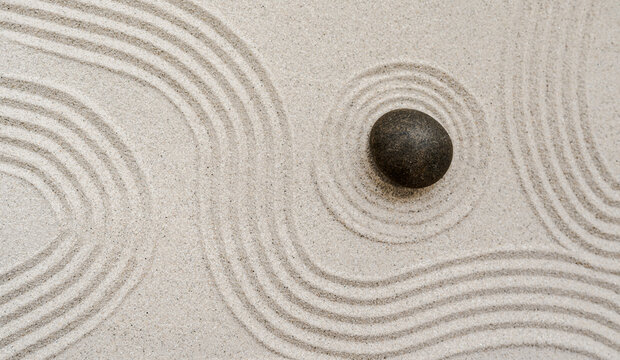 Zen stone garden Japanese top view, Circle round sand background, Meditation of Buddhism 