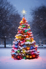 Snow covered outdoor Christmas tree with multicolored lights