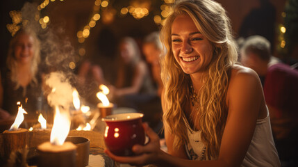 Obraz na płótnie Canvas A young blonde girl with a wreath of candles on her head serves steaming cups of traditional hot mulled wine to a group of friends gathered around a cozy fireplace during St. Lucia Day. generative ai