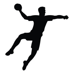 Black silhouette of a handball player who jumps high to throw the ball
