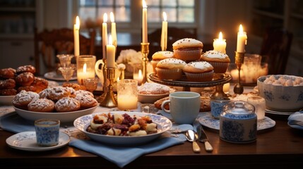 An exquisite Hanukkah feast is laid out on a beautifully set table, featuring traditional dishes like potato latkes and sufganiyot. The candles of the menorah delicious holiday meal. generative ai