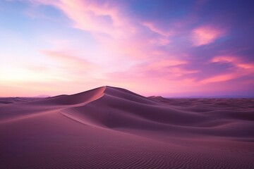 A sandy desert with rolling dunes and a pink gradient starry sky at dusk. Generative AI - obrazy, fototapety, plakaty