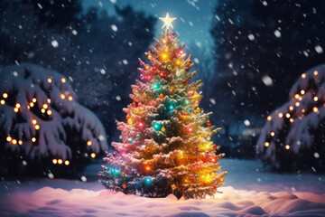 Snow covered outdoor Christmas tree with multicolored lights - obrazy, fototapety, plakaty