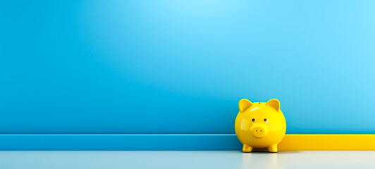 Yellow piggy bank in the corner of a room, blue wall, For art texture, presentation design or web design and web background. Generative AI. - obrazy, fototapety, plakaty