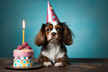 Adorable dog puppy with party hat and birthday cake