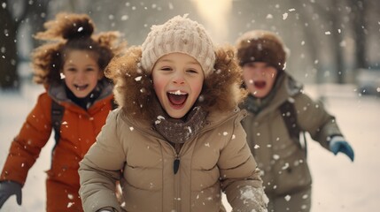 generative ai, generative, ai, Portrait, smiling, girl, happy, child, kids, thrilling, snowball, fight, snow-covered, park, vibrant, winter, jackets, snowflakes, mid-air, joy, happiness, generative ai
