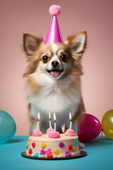 Fototapeta na wymiar Adorable dog puppy with party hat and birthday cake