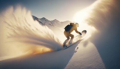 Naklejka na ściany i meble Snowboarder carving through fresh powder snow, mountain landscape, early morning, soft and warm natural lighting, dynamic action shot, winter sports. generative ai