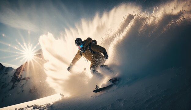 Snowboarder carving through fresh powder snow, mountain landscape, early morning, soft and warm natural lighting, dynamic action shot, winter sports. generative ai