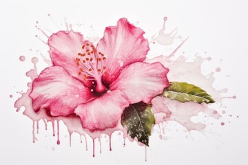 an artwork of a pink flower with water droplets on petals and leaves against a white background and a water splash at the bottom. Generative AI