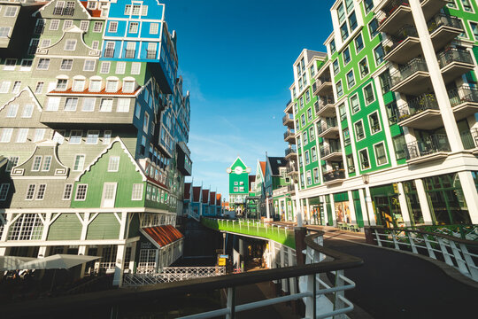 Colourful and unusual houses in Zaandam. Fairytale buildings with childish motifs. Unique Dutch architecture