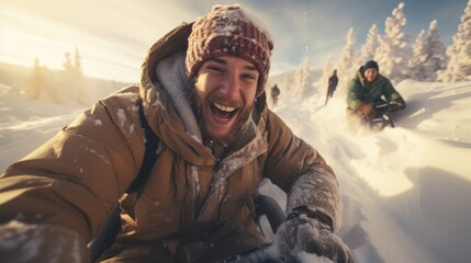Two mans friends sledding down a snow-covered hill, bundled up in winter gear,  sled  fresh powder behind them, capturing the exhilaration of a winter adventure. generative ai - obrazy, fototapety, plakaty