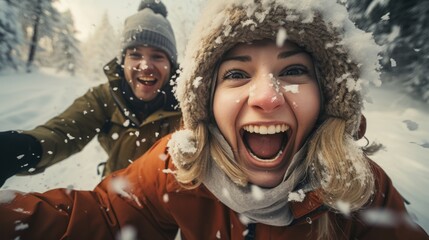 Couple sledding down a snow-covered hill, bundled up in winter gear,  sled  fresh powder behind them, capturing the exhilaration of a winter adventure. generative ai - obrazy, fototapety, plakaty