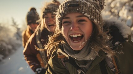 Girls friends sledding down a snow-covered hill, bundled up in winter gear,  sled  fresh powder behind them, capturing the exhilaration of a winter adventure. generative ai