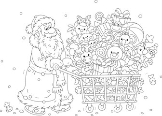 Happy Santa Claus with a shopping cart full of gifts and sweets for merry winter holidays, black and white outline vector cartoon illustration for a coloring book