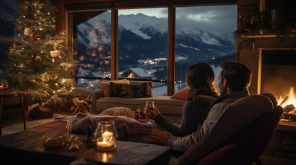 A joyful couple, cozy cabin house, decorate Christmas tree twinkling lights, Happy New Year. Man and woman sitting by the fireplace, panoramic windows, romantic love mountains. generative ai