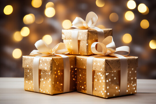 Image of gift boxes with bows. A gift box symbolizes a holiday, new year, Christmas. The image is suitable as a greeting card and congratulatory text.